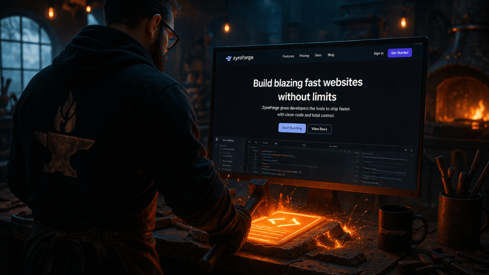 developer creating new website with zyroforge branding